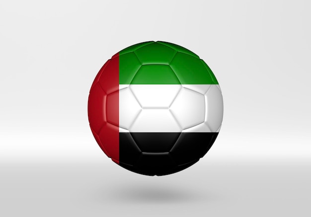 Foto pallone da calcio 3d con la bandiera degli emirati arabi uniti e degli emirati arabi uniti su sfondo grigio