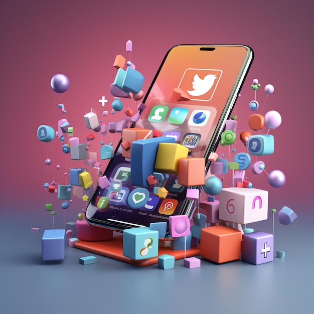 3d social media icons with smartphone