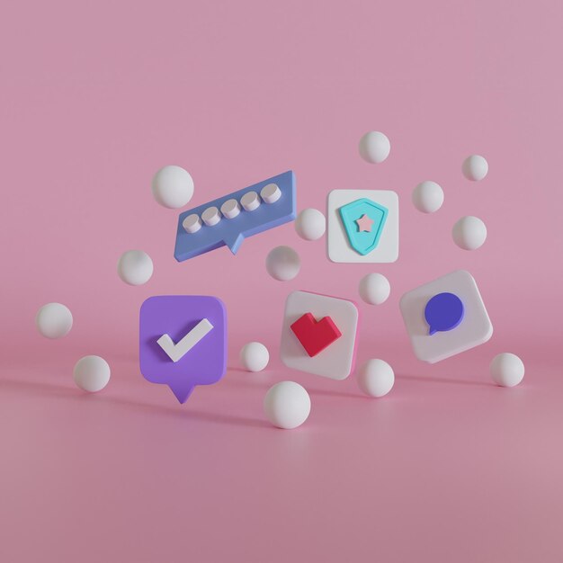 3D-платформа для социальных сетей, онлайн-приложения для социальной коммуникации, иконка, чат, сердце, сообщение на фиолетовом фоне, 3d-рендеринг, иллюстрация