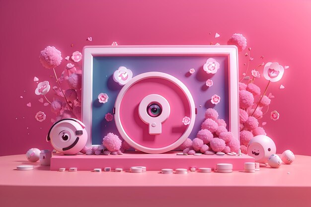 3d social media with 4k live streaming and emotion on frame in pink background social media online play video for make money passive income concept 3d live entertainment vector render illustration