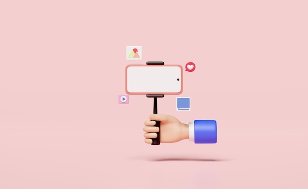 Фото 3d социальные сети с ручной рукой мобильный телефон смартфон трипод иконы изолированы на розовом фоне онлайн видео прямая трансляция коммуникационных приложений концепция 3d рендеринг иллюстрация