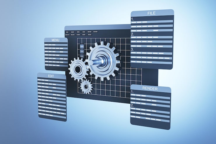 Photo 3d software interface with gears and coding panels in blue development and algorithm concept 3d rendering