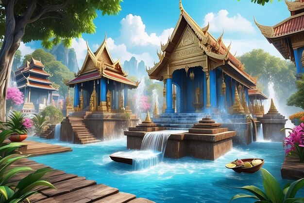 3d Songkran festival background in thailand water festival 3d with with blue wa