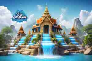 Photo 3d songkran festival background in thailand water festival 3d with with blue water splash