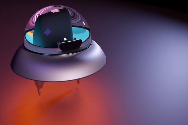 3D space illustration of a flying saucer with neon light preparing for launch. Space travel in search of new planets