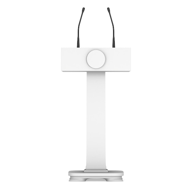 3d спикер подиум белая трибуна трибуна стенд с микрофонами 3d рендеринг изолирован на белом бэкгро