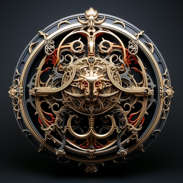 Photo 3d sphere tracery ornament tribal heraldic golden or silver stylized logo medieval metal circle