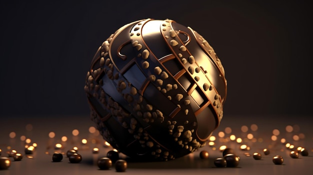 A 3d sphere with gold beads and a black background with a gold ball in the middle.