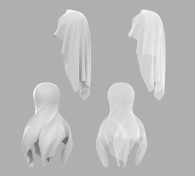 3D Spheres covered white silk cloth Set of flying textile in shape rocket or ghost costume on halloween Balls hidden under satin fabric or curtain unveiling for surprise or magic trick