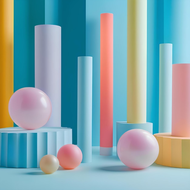 3d spheres and small columns with round shapes in a blue