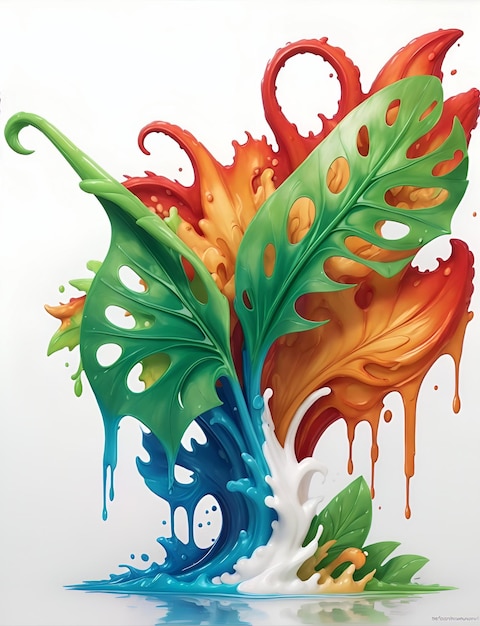 3D Splash kunst monstera vorm witte achtergrond