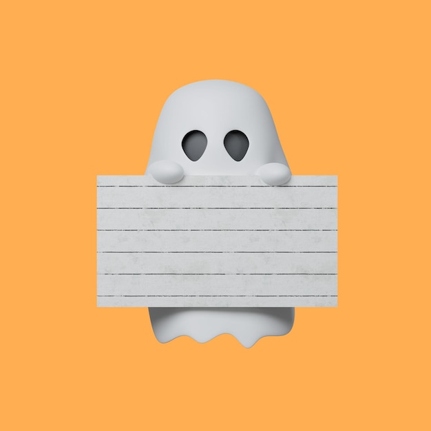 3d Spooky little ghost holding paper banner with copy space Marketing time banner template 3d render illustration