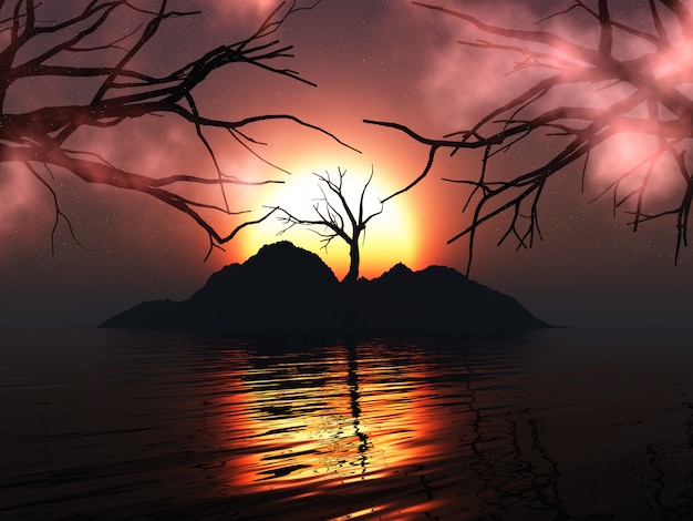 3D spooky tree on an island against a sunset sky