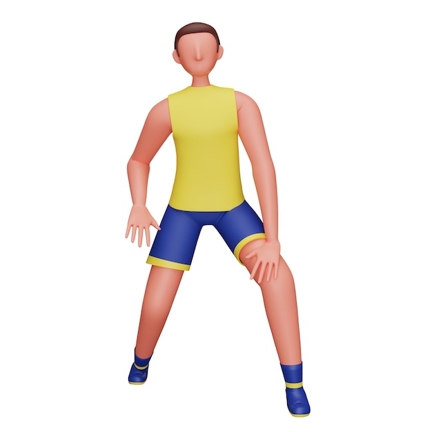 Foto 3d sportman doet been stretch oefening op witte achtergrond.