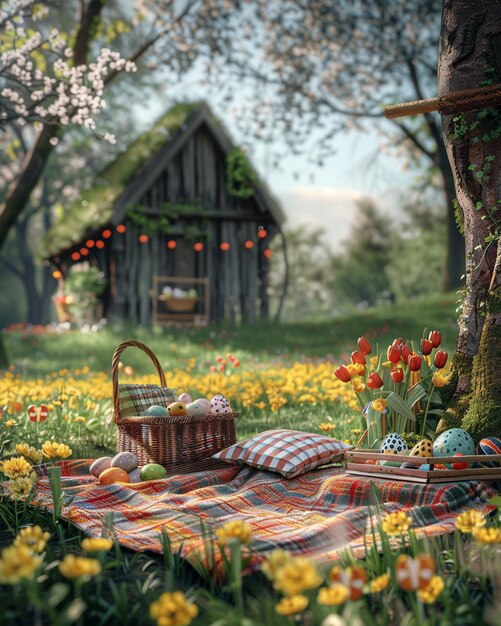 Photo a 3d spring picnic scene