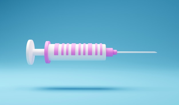 3D-spuit voor vaccin, vaccinatie, injectie, griepprik. Vaccinatiepictogram met medische apparatuur. Minimalisme concept. 3d illustratie render