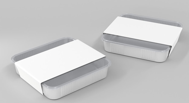 3D Square plastic disposable food container in different angle view Realistic mockup of sushi delivery box with transparent lid and blank white paper wrap isolated meal lunch take away 3D render