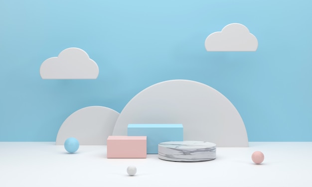 3D. square podium and marble circle white semicircle backdrop in a blue studio with clouds for displaying products