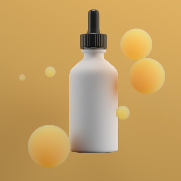 3d square render of beauty bottle among spheres. Fresh color gamma.  Smooth lighting.  Single cream bottle with cap in the center of frame.