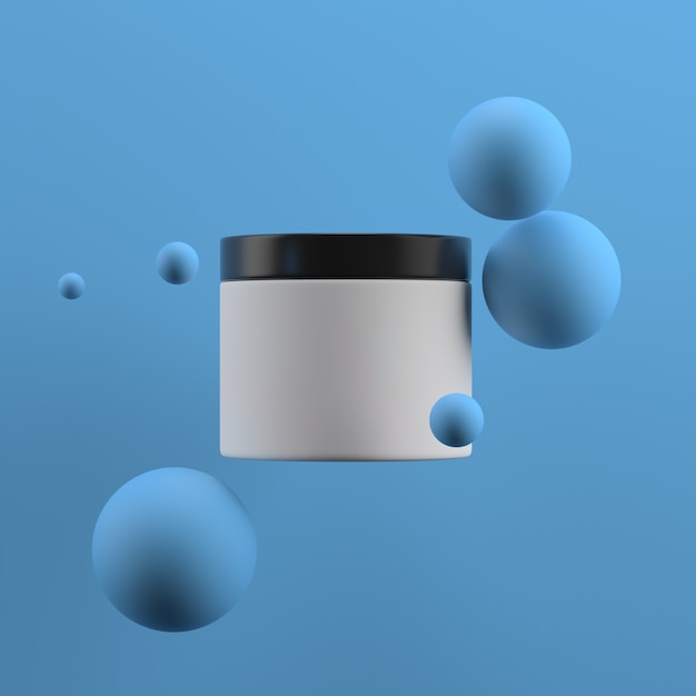 3d square render of beauty bottle among spheres. Fresh color gamma.  Smooth lighting.  Single cream bottle with cap in the center of frame.