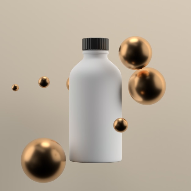 3d square render of beauty bottle among spheres. Fresh color gamma.  Smooth lighting.  Single cream bottle with cap in the center of frame.