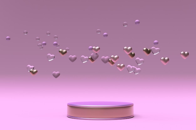3D 세인트 발렌타인 데이 핑크색 받침대 연단과 비행 마음 사랑 낭만적 인 최소한의 배경