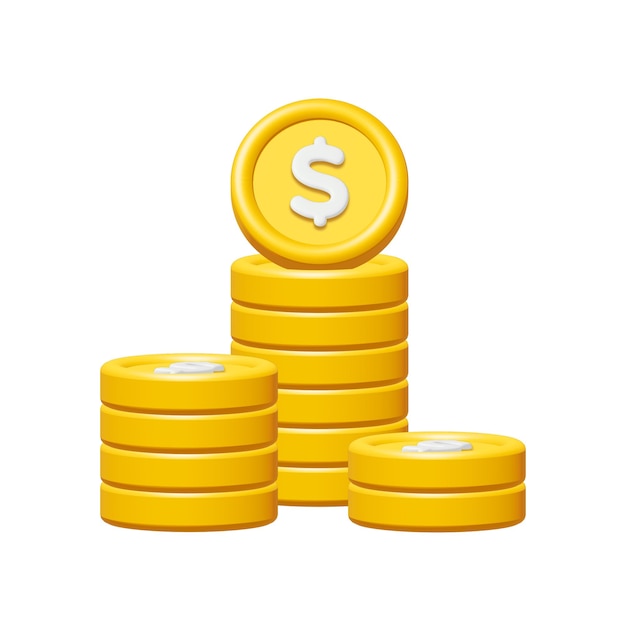 Photo 3d stack of gold coins with dollar sign icon isolated on white background render illustration