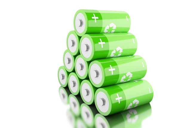 Foto pila 3d di batterie verdi con il simbolo di riciclaggio.