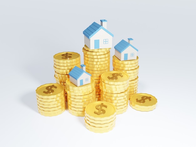 3D stacks of coins with houses on top