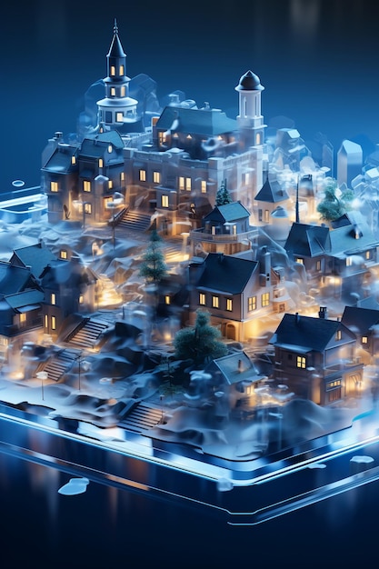 3D stad blauw bevroren glas doorzichtige technologie zin AI generatieve