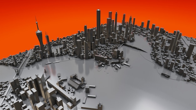 3D-stadsgezicht van de moderne stad. De enorme lay-out van de metropool. 3D-weergave