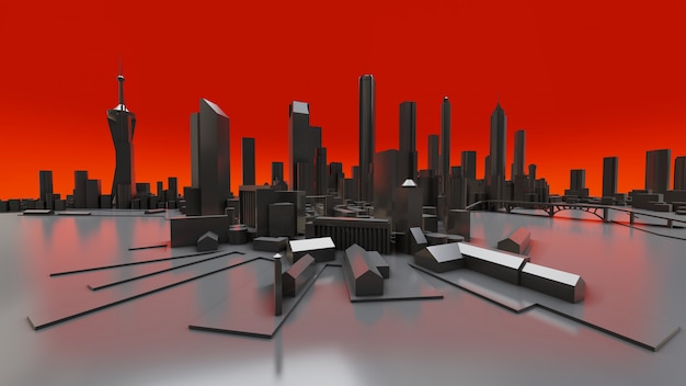 Foto 3d-stadsgezicht van de moderne stad. de enorme lay-out van de metropool. 3d-weergave