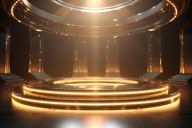 3d stage podium background Round podium stage in spotlights rays