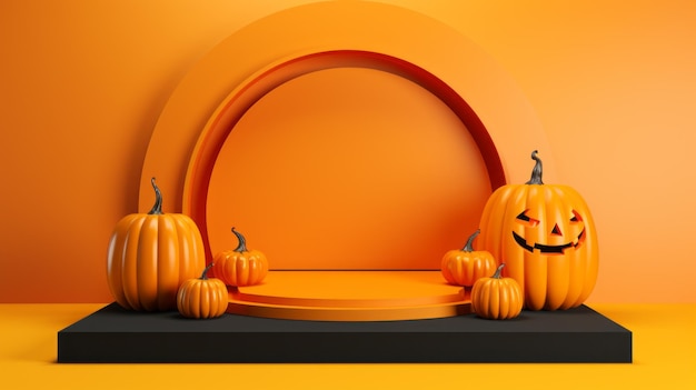 3D stage podium for Halloween with pumpkinsbats and minimal geometric shapeHalloween color tone