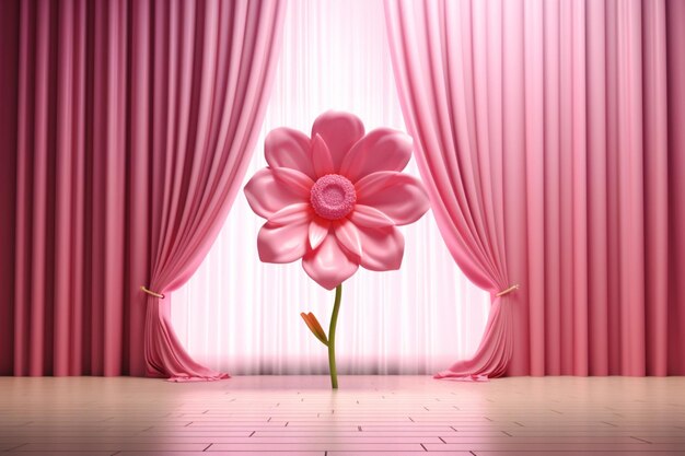 A 3d stage with a pink curtain and a pink flower