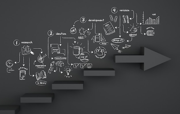 3d Staircase arrow with drawing business sketch.