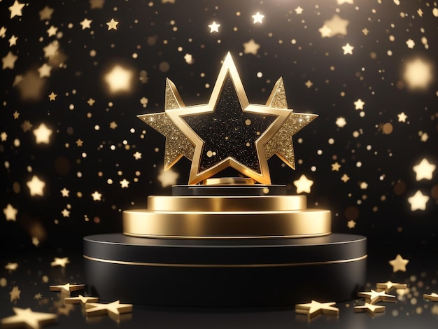 3D Stars on Black Podium with Golden Light Motif