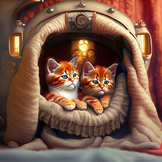 3d steampunk rode schattige kittens knuffelden samen in een gezellig dekenfort