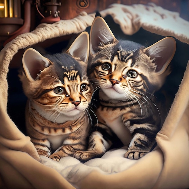 3D steampunk schattige kittens knuffelen samen in een gezellig dekenfort