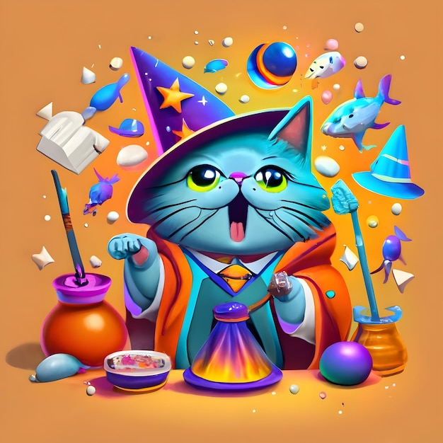 Foto modello di adesivo 3d di un bizzarro gatto mago che indossa un cappello a punta e lancia un incantesimo che saluta