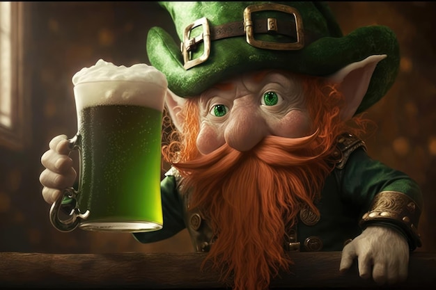 3D-stijl illustratie van een kabouter elf met een biertje St Patrick's day concept AI generatie