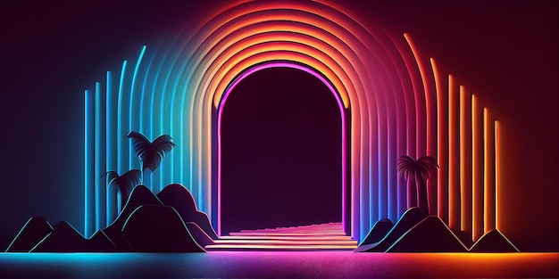 3D-stijl retrowave neonbuis abstract roze blauw oranje neon achtergrond met gloeiende boog Performance stage showcase Podium voor productpresentatie Generatieve AI