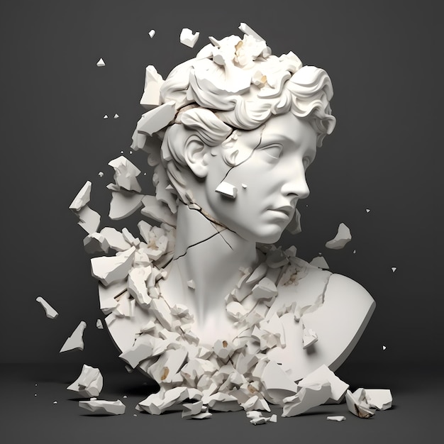 3D-stijl wit marmeren buste van mannelijke klassieke sculptuur gebroken verbrijzeld in grote stukken en kleine fragmenten geïsoleerd op donker verlichte achtergrond Generatieve Ai