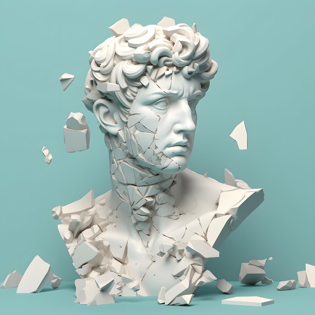 3D-stijl witmarmeren buste van mannelijke klassieke sculptuur gebroken verbrijzeld in grote stukken en kleine fragmenten geïsoleerd op pastelblauwe achtergrond Generatieve Ai