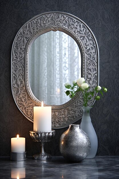 a 3D still life of a traditional mirror and candle from the HaftSeen