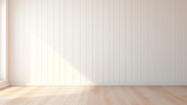 壁に影が映る白い部屋のインテリアと木の板の床の3D刺激 生成AI