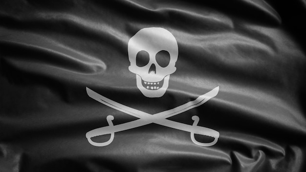 3D, stoffentextuur van de piratenschedel met sabelsvlag die in wind golven. Calico Jack piraat symbool voor hacker en dief concept. Realistische vlag van piraten zwart op golvend oppervlak