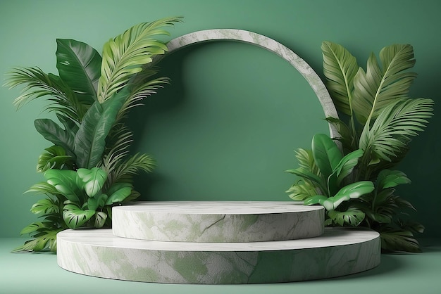 3D stone green podium or rock dais stage and nature green leaves elegant green podium mockup stand product scene green nature background 3d podium stage illustration render tropical style