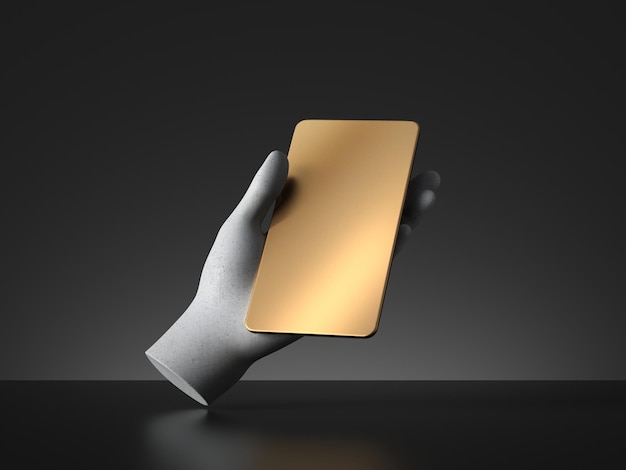 3d каменная рука держать золото смартфон устройство