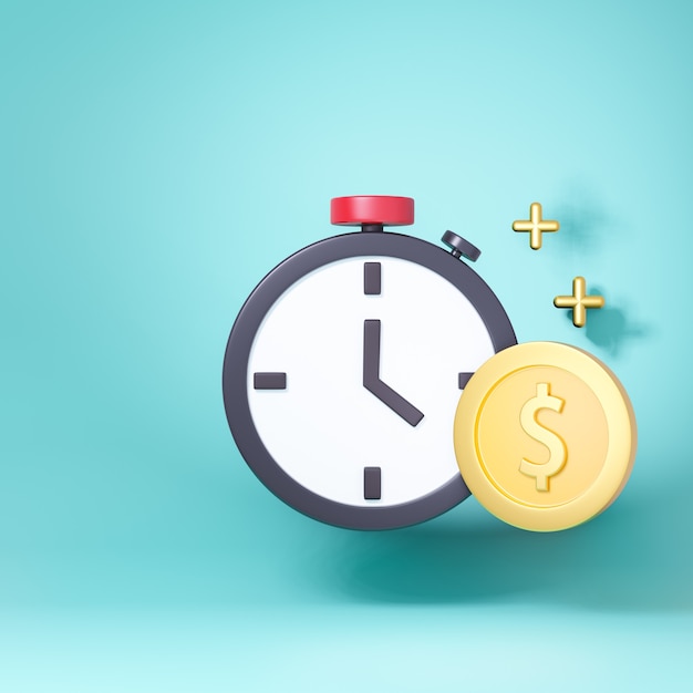 3d stop watch timer with gold dollar coin. 3D illustration rendering